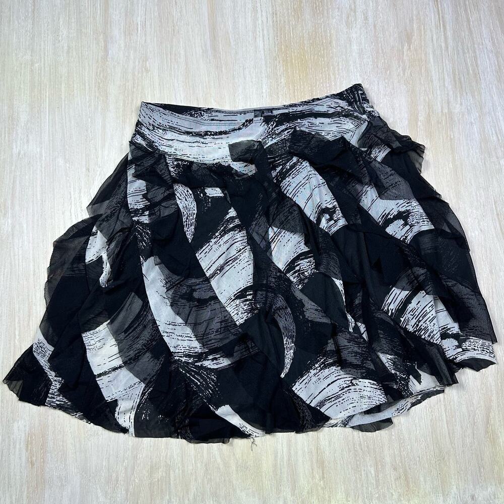 Ethyl Black Ivory Mesh Ruffle Abstract Monochrome Swirl Graphic Pattern Skirt 6